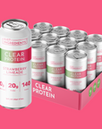 Box of twelve Strawberry Limeade clear protein 16 fl oz cans, front-facing with nutrition information visible.