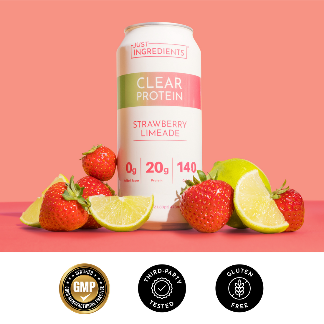 Checklist graphic highlighting key features for clear protein with strawberries, limes, and lemons.
