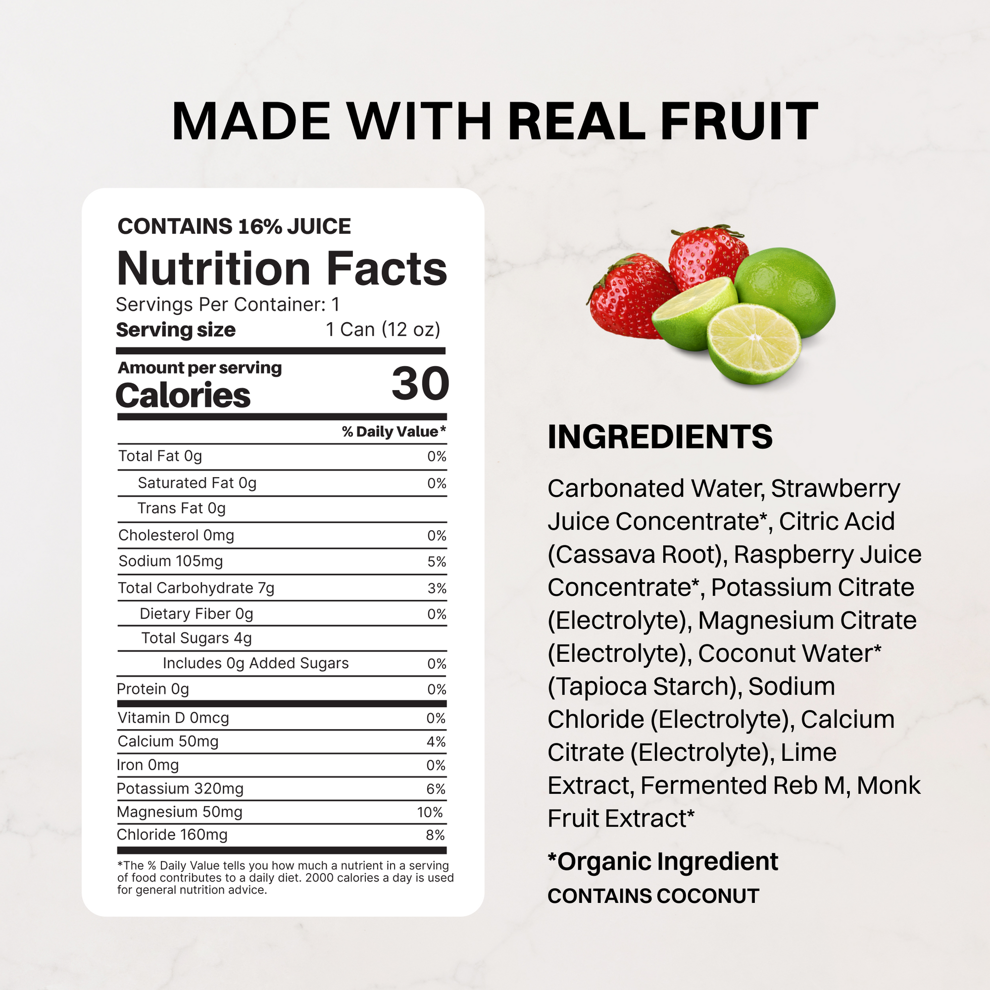 Strawberry Limeade Sparkling Electrolytes (12 Pack) - Nutrition Panel
