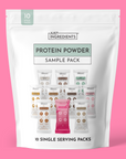 Sample pack of 10 single-serve protein powder stick packs in assorted flavors.