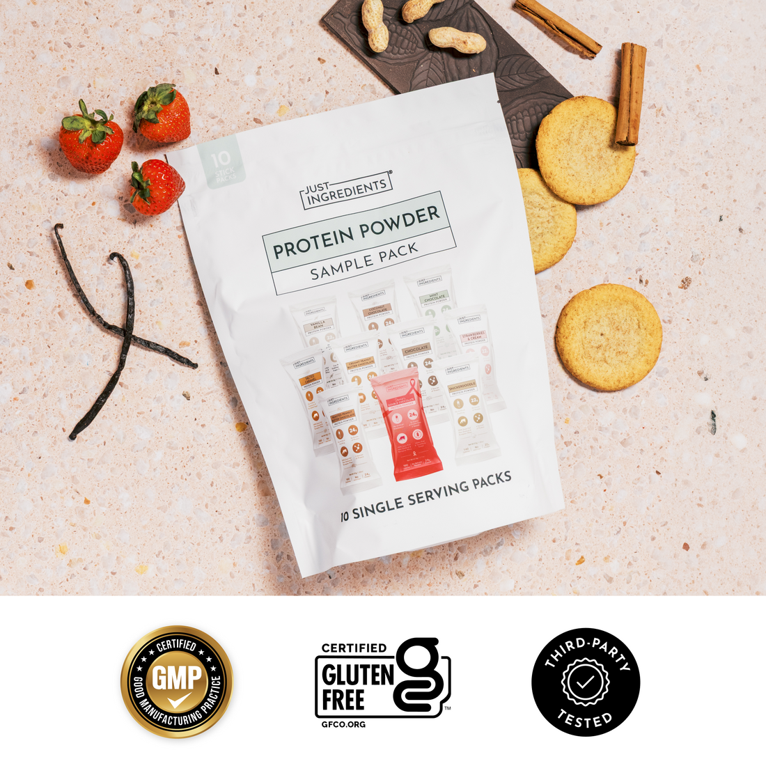 Three protein packets labeled Chocolate, Snickerdoodle, and Salted Caramel with nutrition facts.