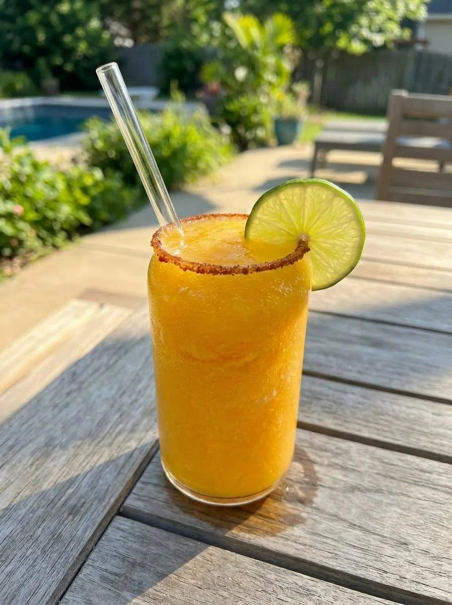 Frozen Spicy Jawn Mango Mocktail with a chili-salt rim and lime wheel, made with Just Ingredients Spicy Jawn Electrolytes
