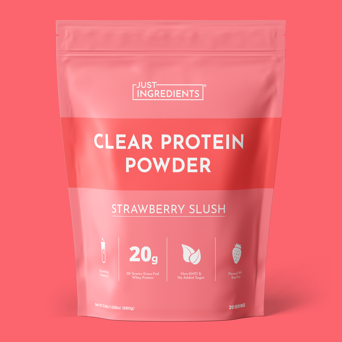 Pink pouch of Strawberry Slush Clear Protein Powder, front label showing product name and 20g protein.