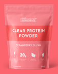 Pink resealable pouch of Just Ingredients clear protein powder in strawberry slush flavor with nutritional icons on front.