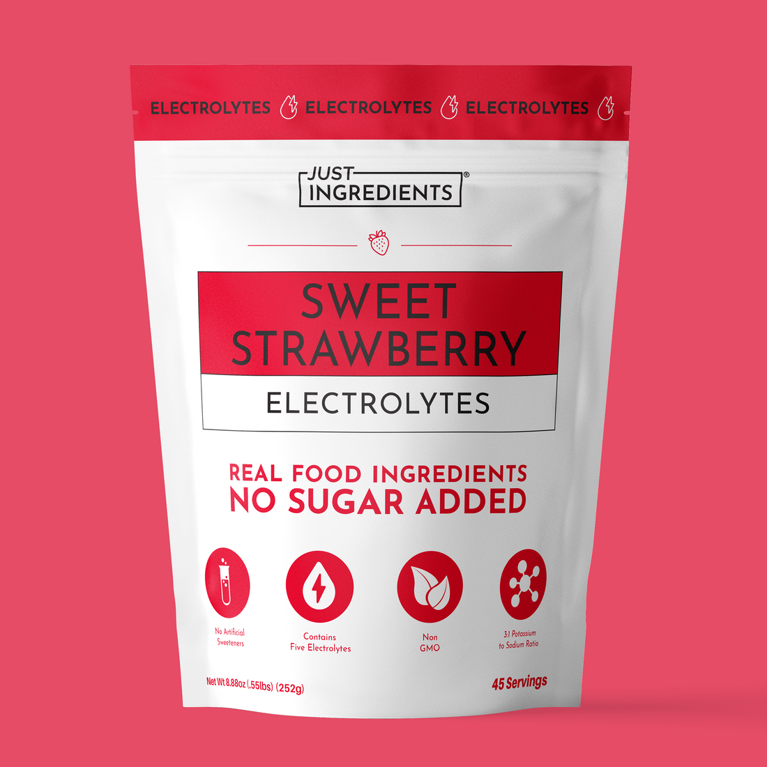 Sweet Strawberry Electrolytes pouch — front of product packaging with strawberry illustration