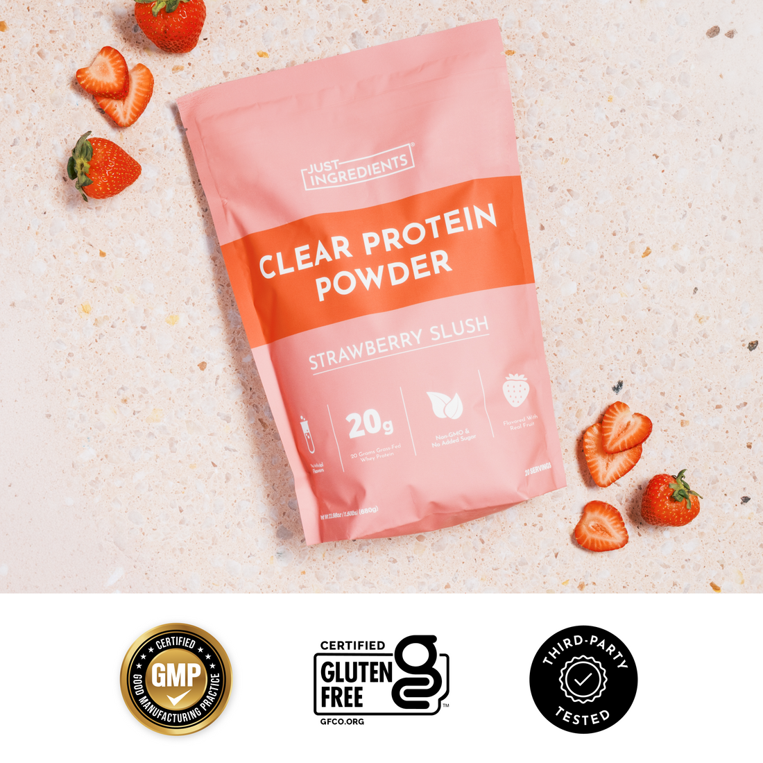 Pink Strawberry Slush packaging with flavor name and ingredient highlights.