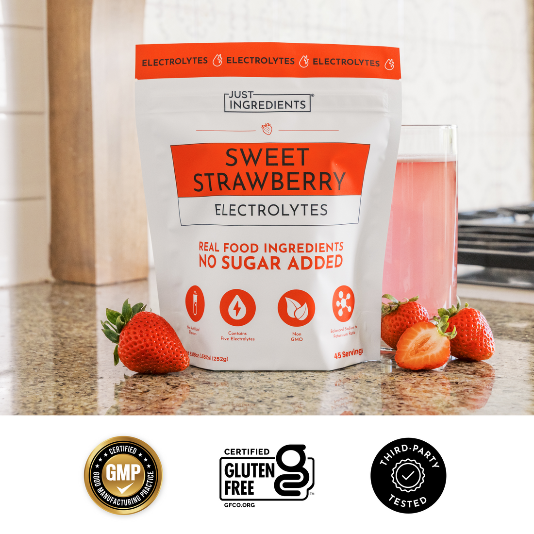 Product packaging certifications and icons for Sweet Strawberry Electrolytes