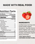 Nutrition facts label and ingredients list for strawberry slush protein powder with fresh strawberries displayed.