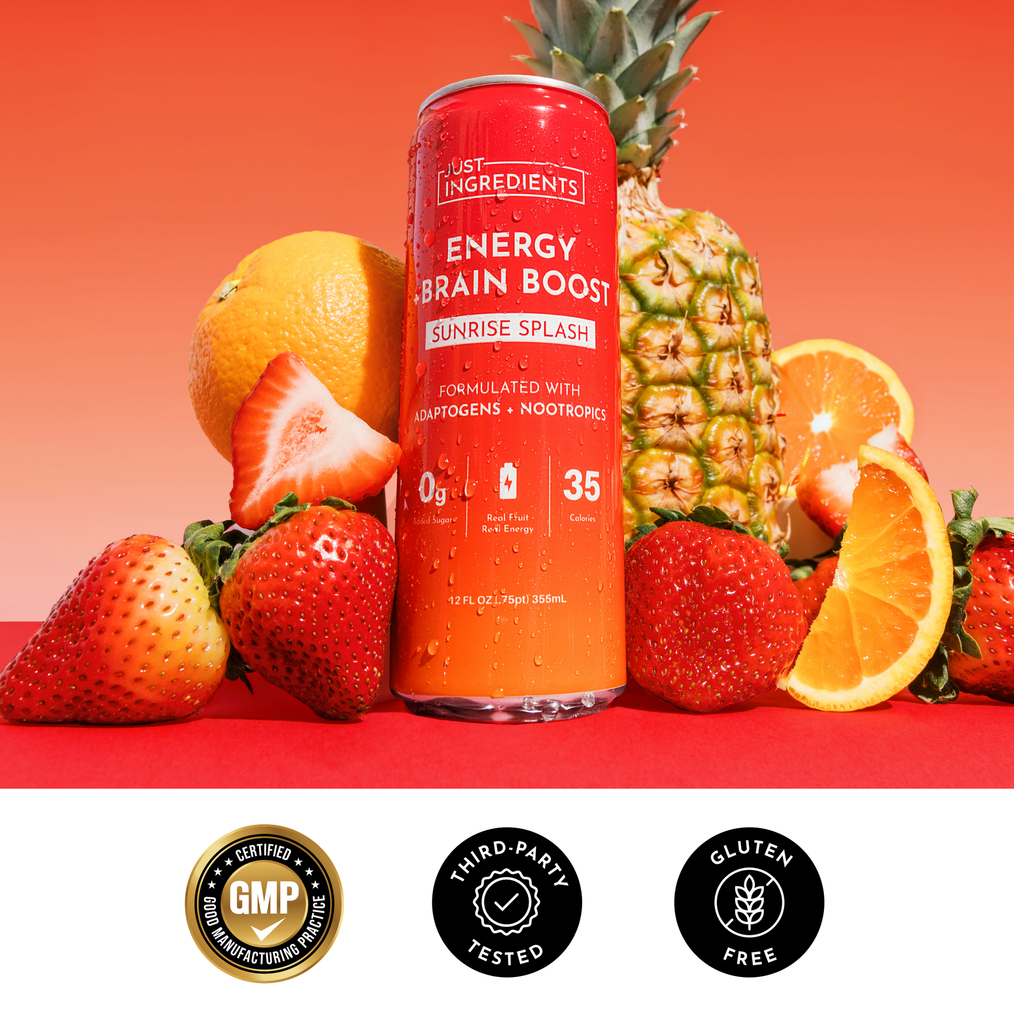 Checklist graphic listing features: real fruit flavor, caffeine, B vitamins, no added sugar and more.