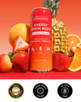 Checklist graphic listing features: real fruit flavor, caffeine, B vitamins, no added sugar and more.