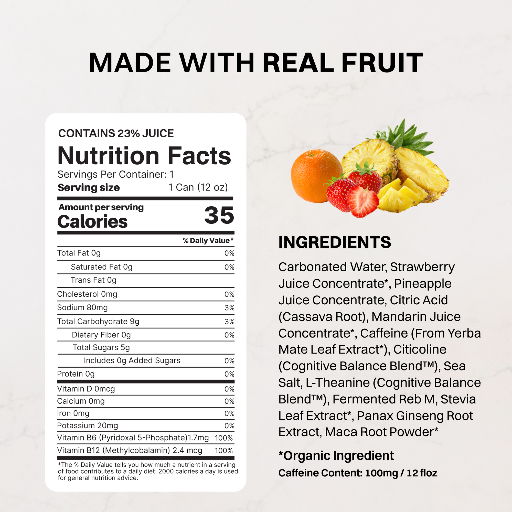 Single can of Sunrise Splash Energy + Brain Boost surrounded by strawberries, orange slices and pineapple.