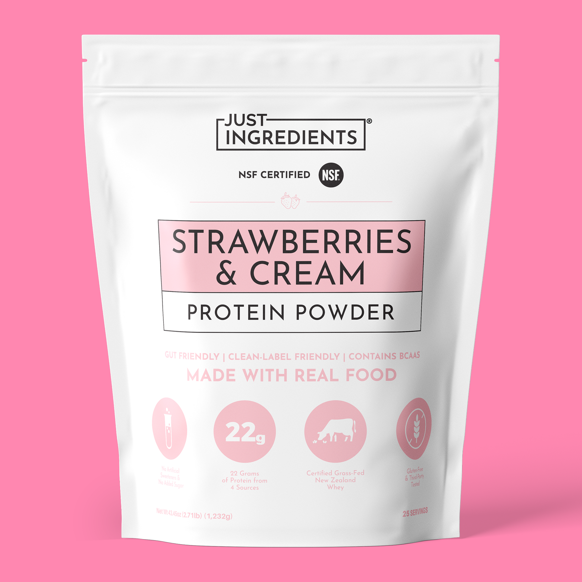 White pouch of Strawberries & Cream Protein Powder with product label and nutrition facts.