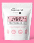 White pouch of Strawberries & Cream Protein Powder with product label and nutrition facts.