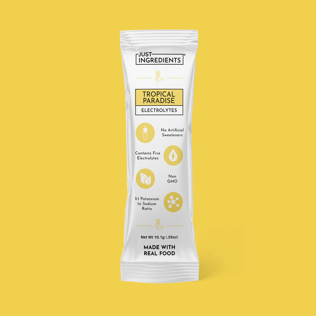 Tropical Paradise electrolyte stick packet with tropical design and 10g net weight.
