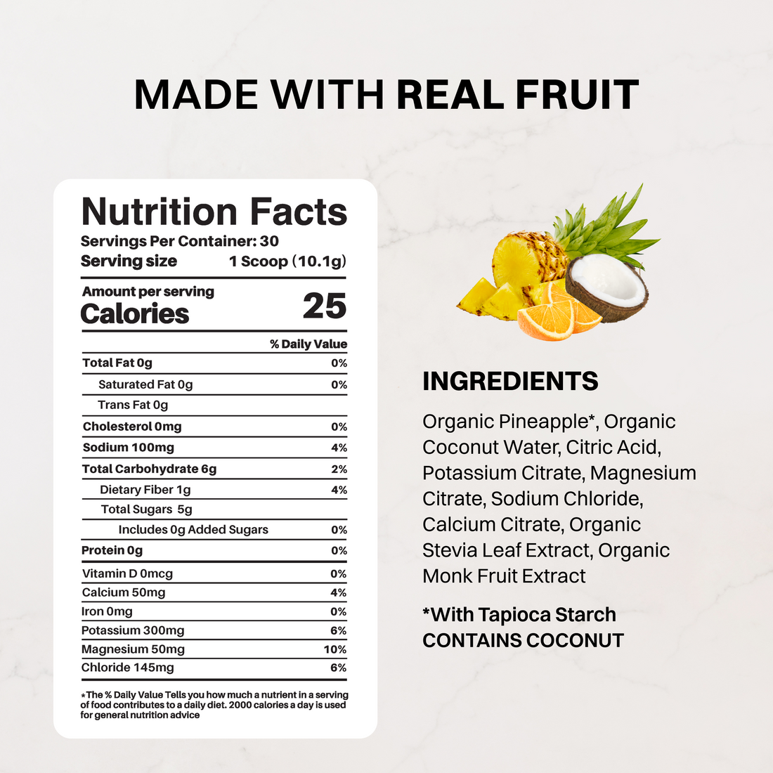 Pouch of Tropical Paradise Electrolytes beside a pineapple and a glass of light-colored drink on a countertop.