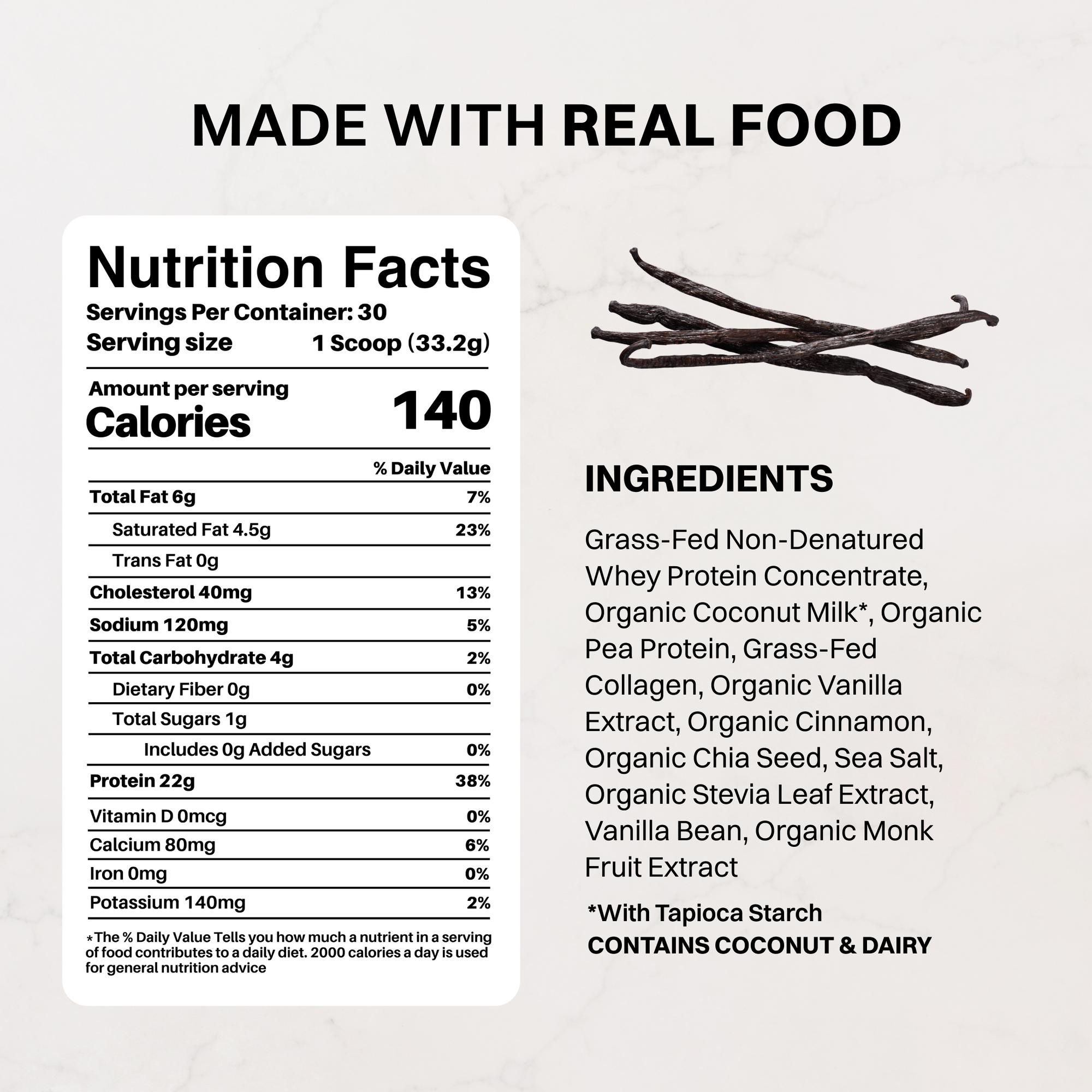 Vanilla Bean Protein Powder - Nutrition Panel