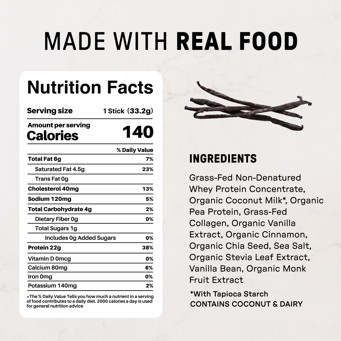 Vanilla Bean Protein Powder - Individual Stick - Nutrition Panel