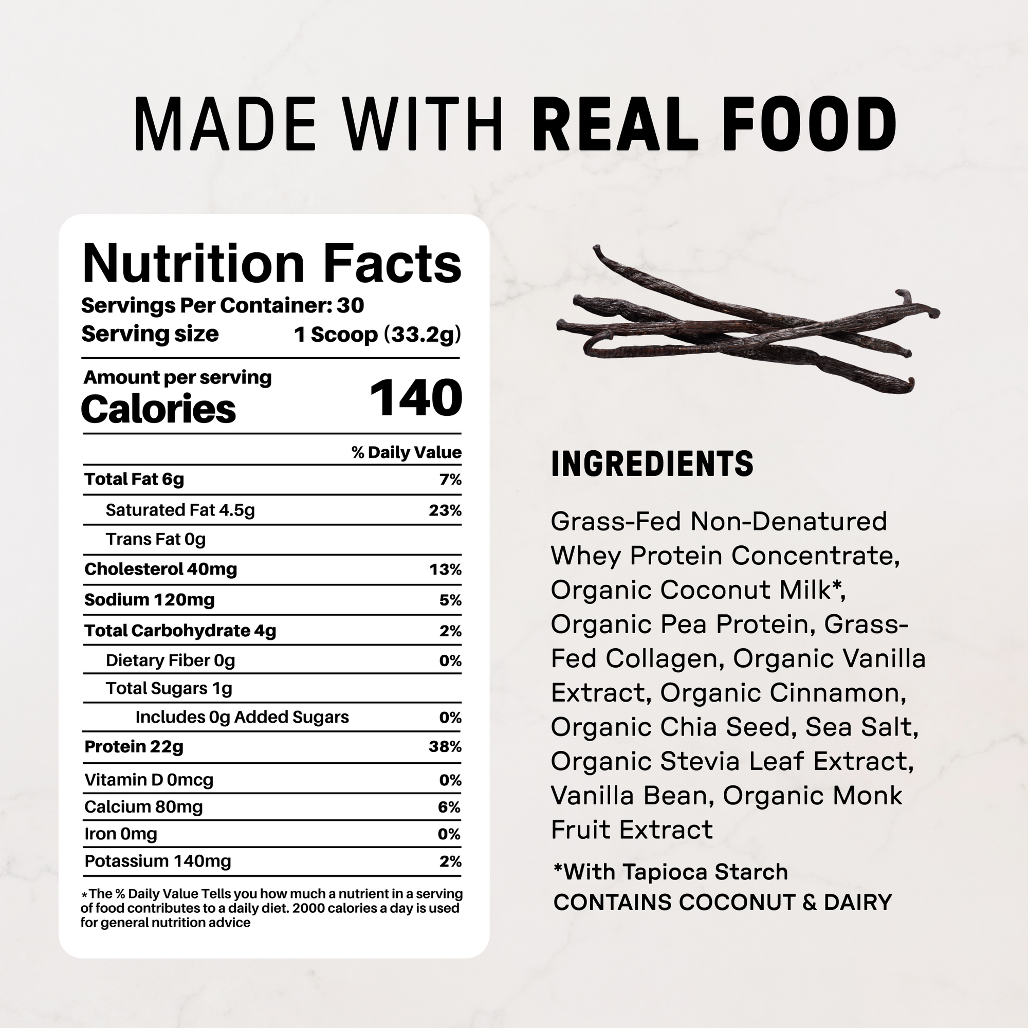 Vanilla Bean Protein Powder - Nutrition Panel
