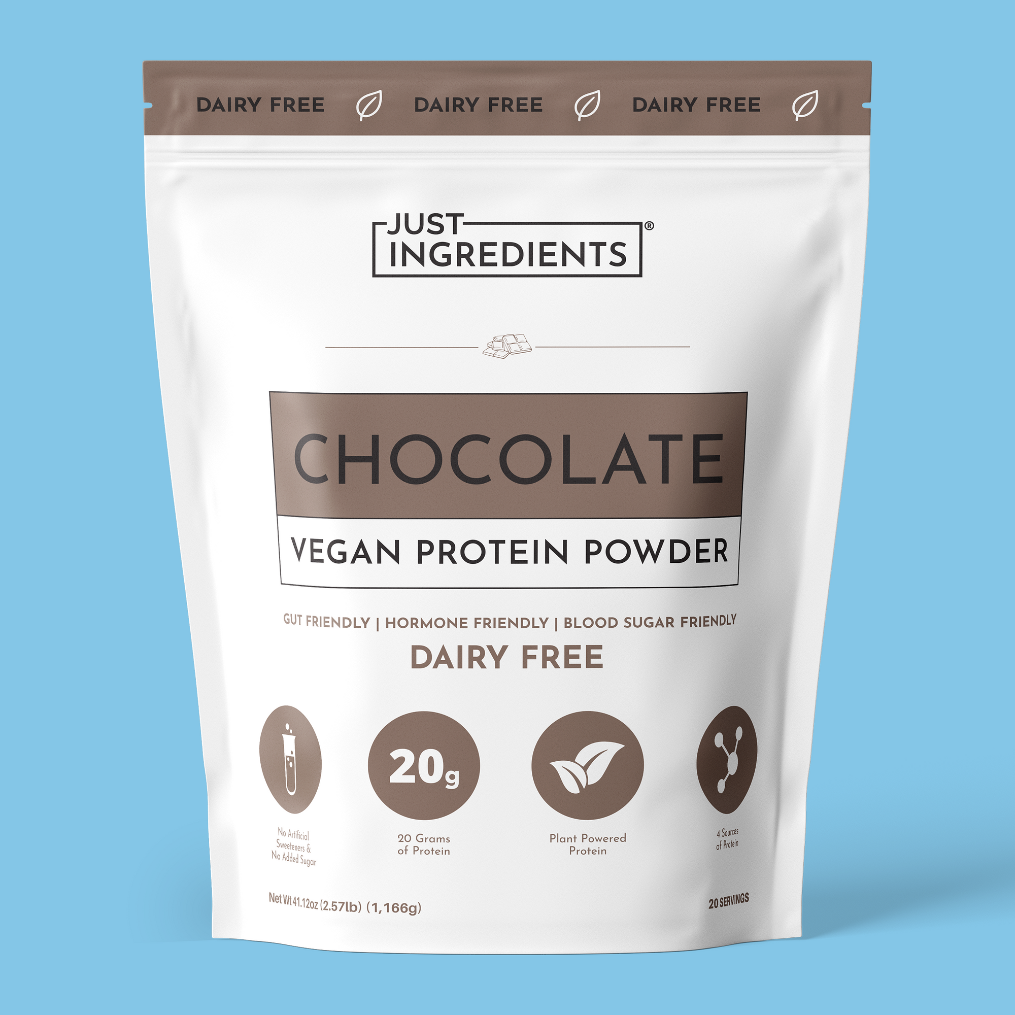 Brown-and-white pouch of vegan chocolate protein powder showing nutrition facts and serving details.