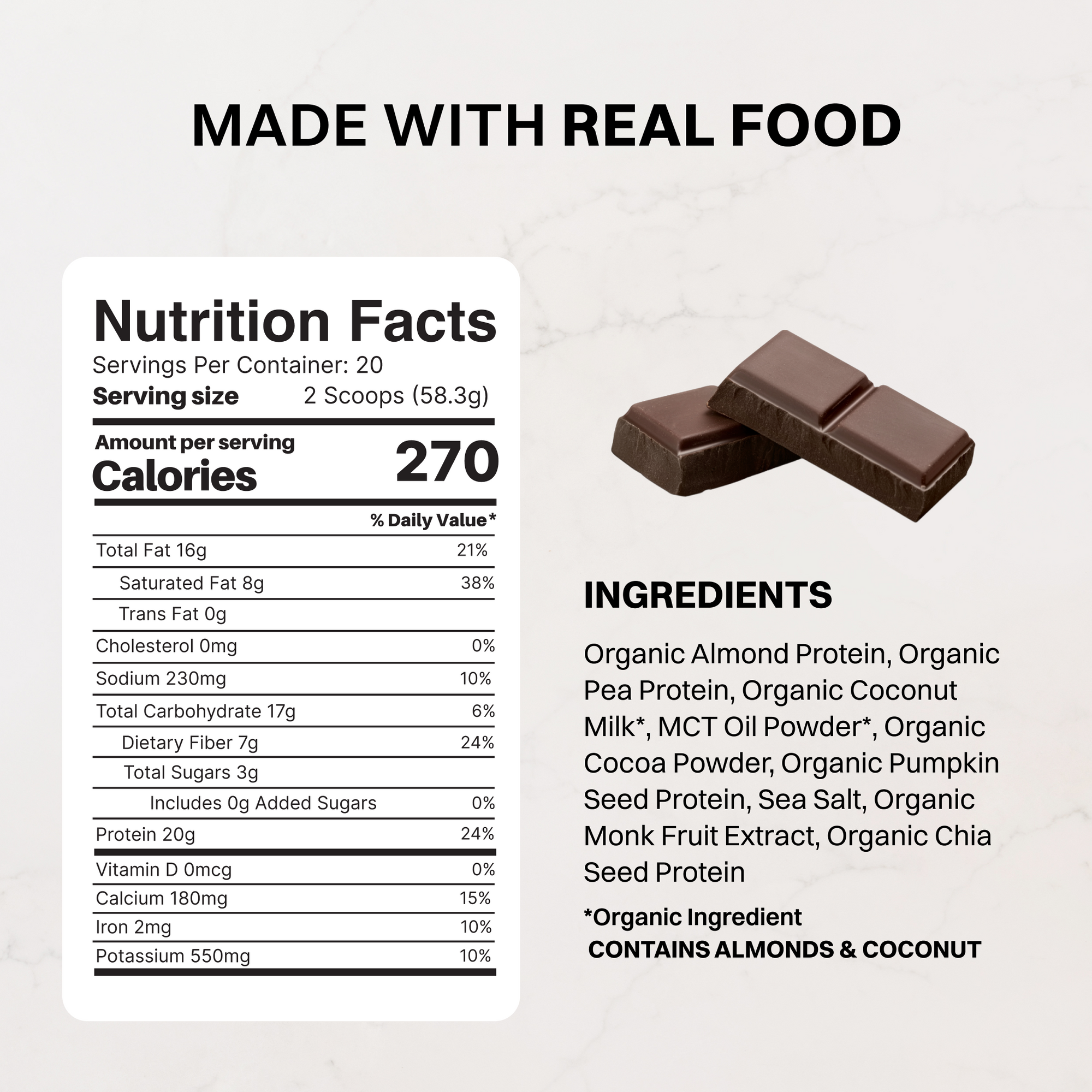 Brown-and-white bag of vegan chocolate protein powder next to chocolate bars, front label visible.