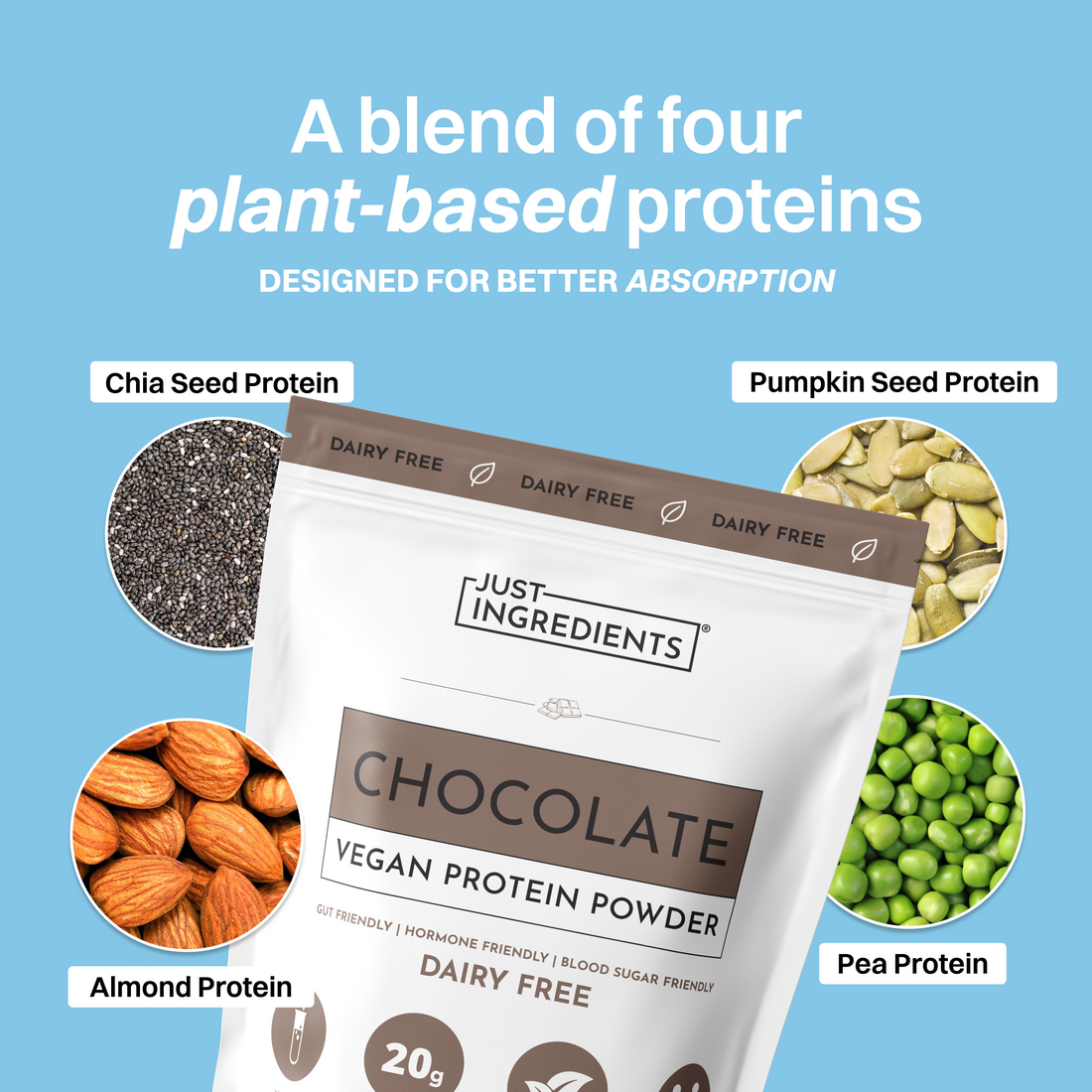 Bag of chocolate vegan protein powder next to a glass of chocolate shake and a piece of dark chocolate.