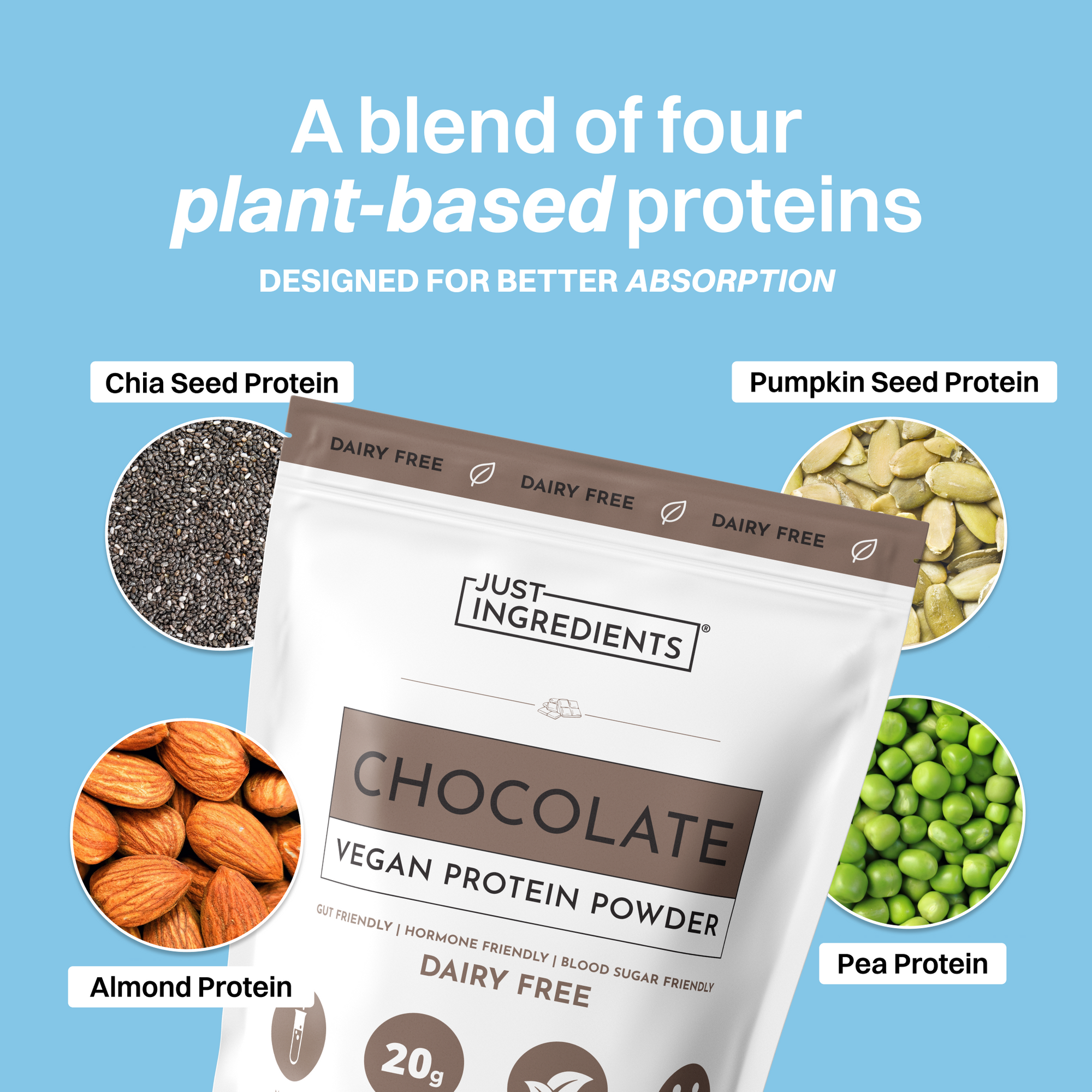Bag of chocolate vegan protein powder next to a glass of chocolate shake and a piece of dark chocolate.