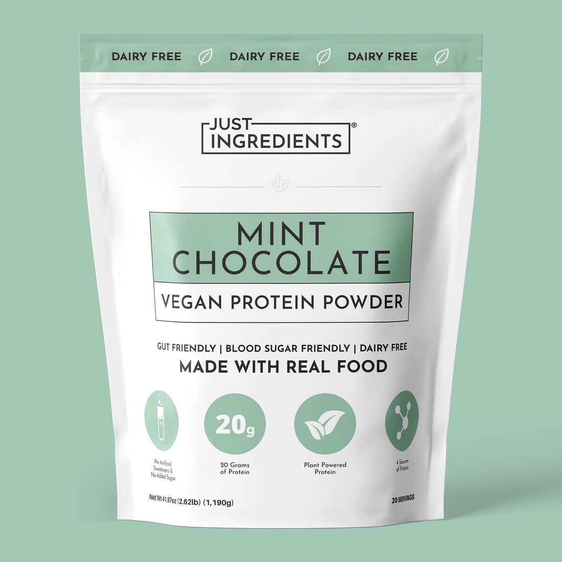 Resealable bag of vegan mint chocolate protein powder with nutrition panel and product claims on the front.