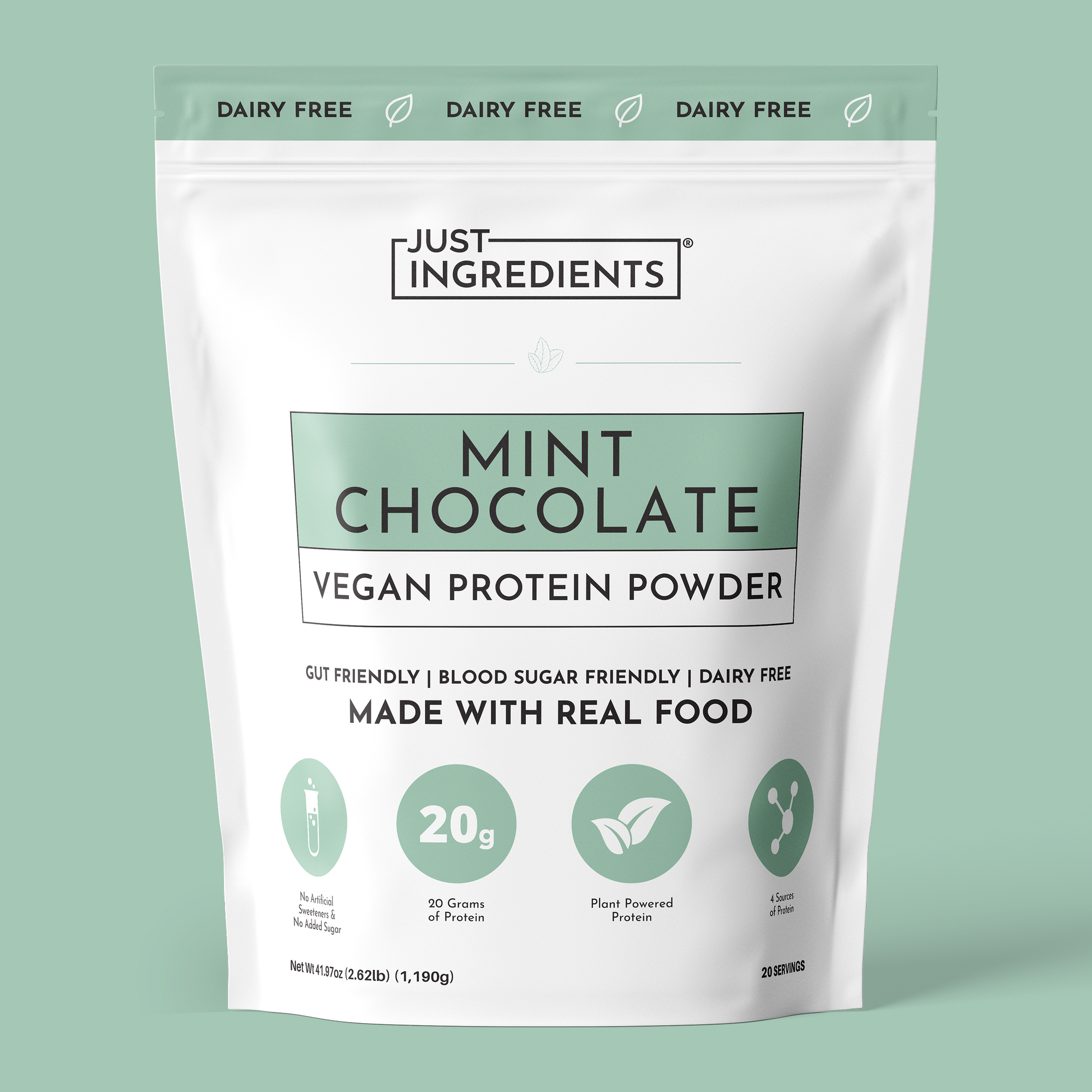 Resealable bag of vegan mint chocolate protein powder with nutrition panel and product claims on the front.