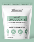 Resealable bag of vegan mint chocolate protein powder with nutrition panel and product claims on the front.