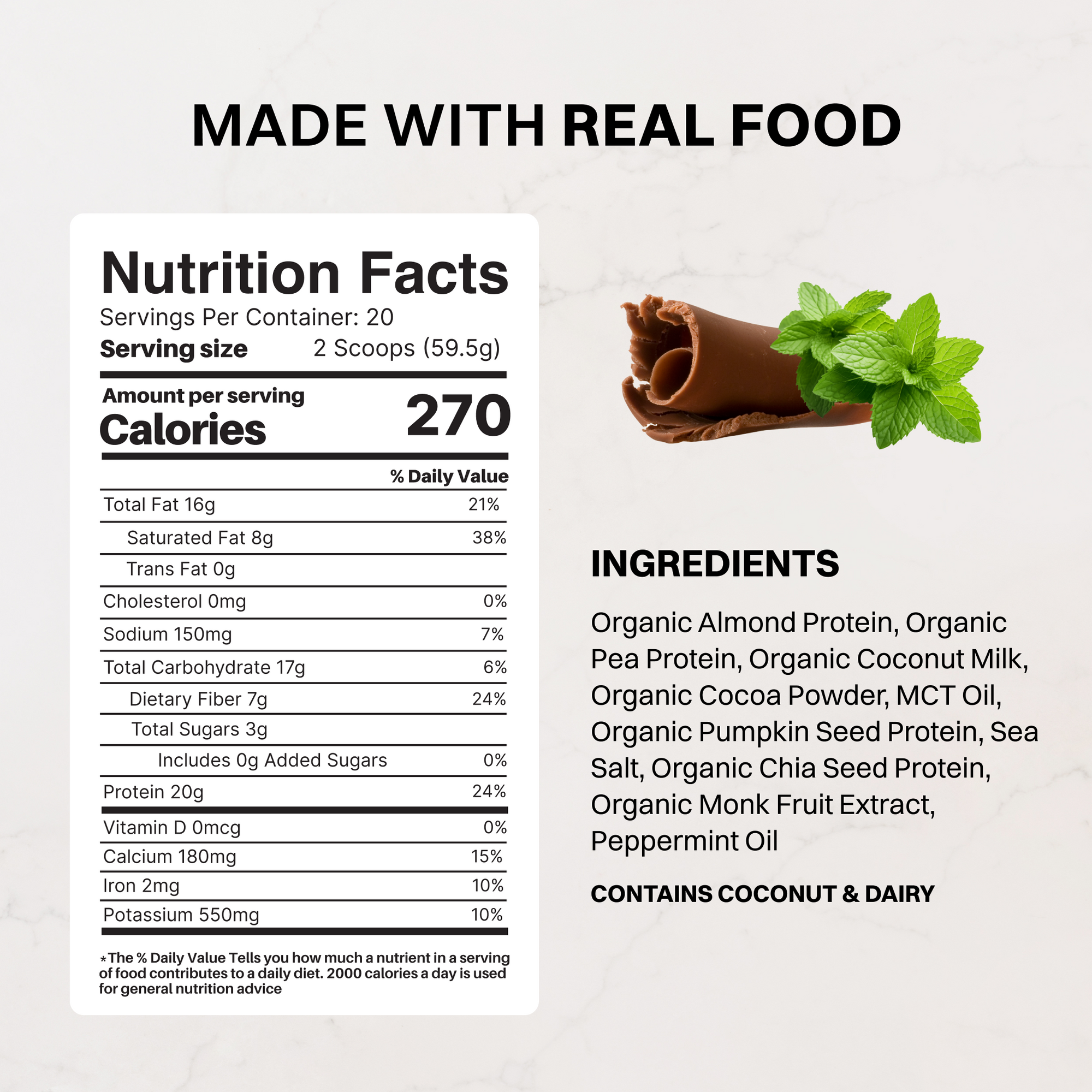 Package of mint chocolate vegan protein powder arranged with chocolate pieces and mint leaves on a pale blue background.