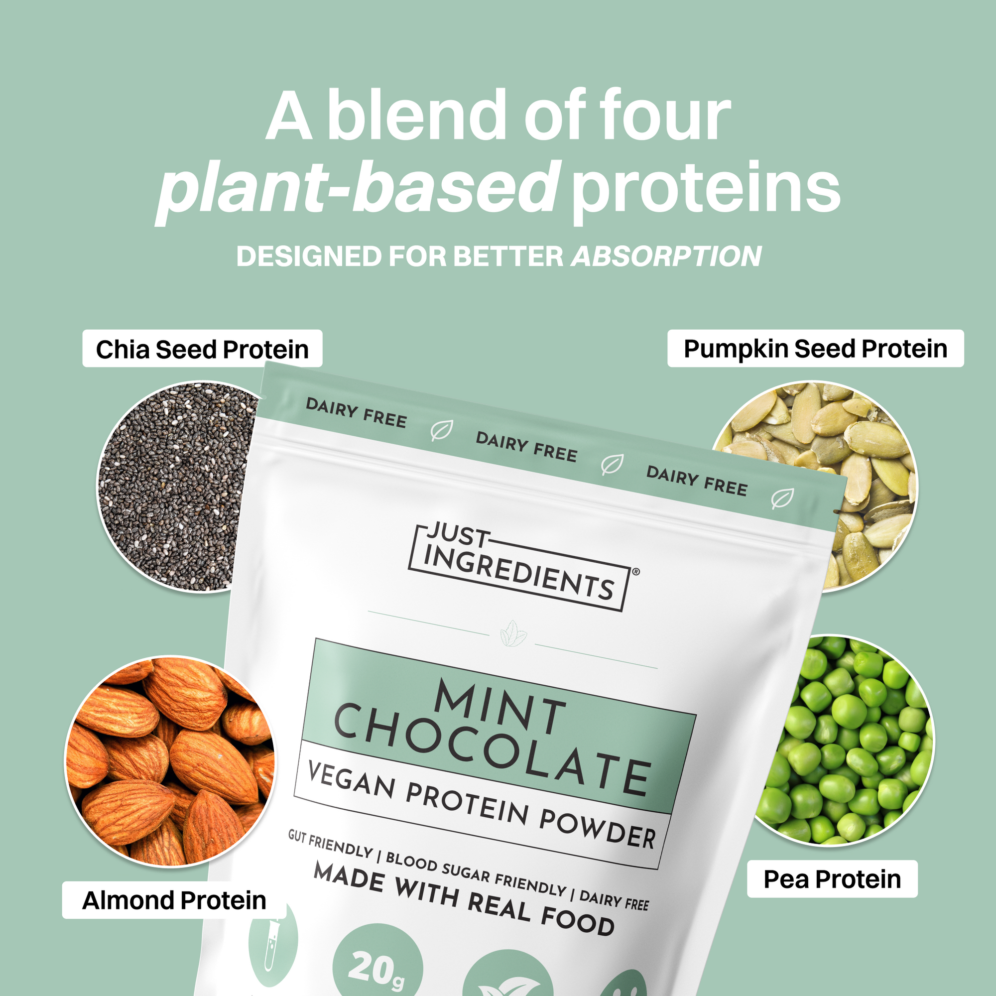 Mint chocolate protein powder pouch shown with chocolate pieces and mint leaves on a light background.