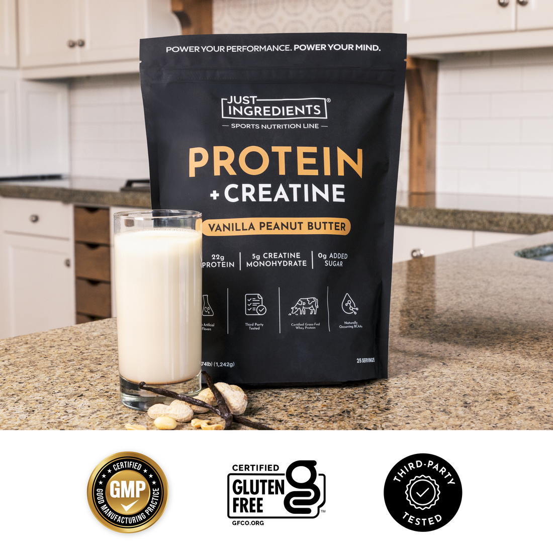 Black package labeled "Protein + Creatine" in Vanilla Peanut Butter flavor with decorative wrapping.