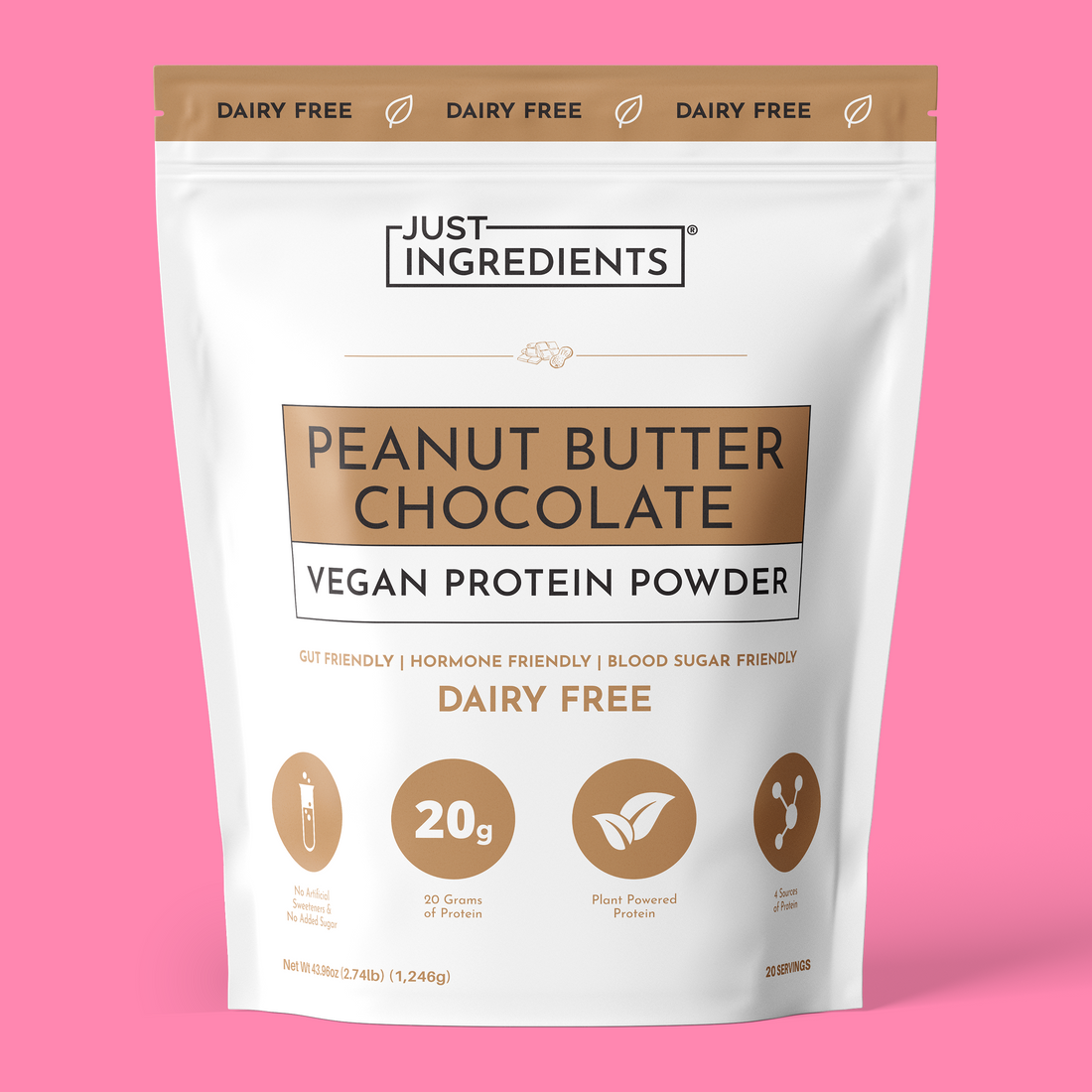 White pouch of Vegan Peanut Butter Chocolate protein powder showing '20g protein' and 'dairy-free' labels.