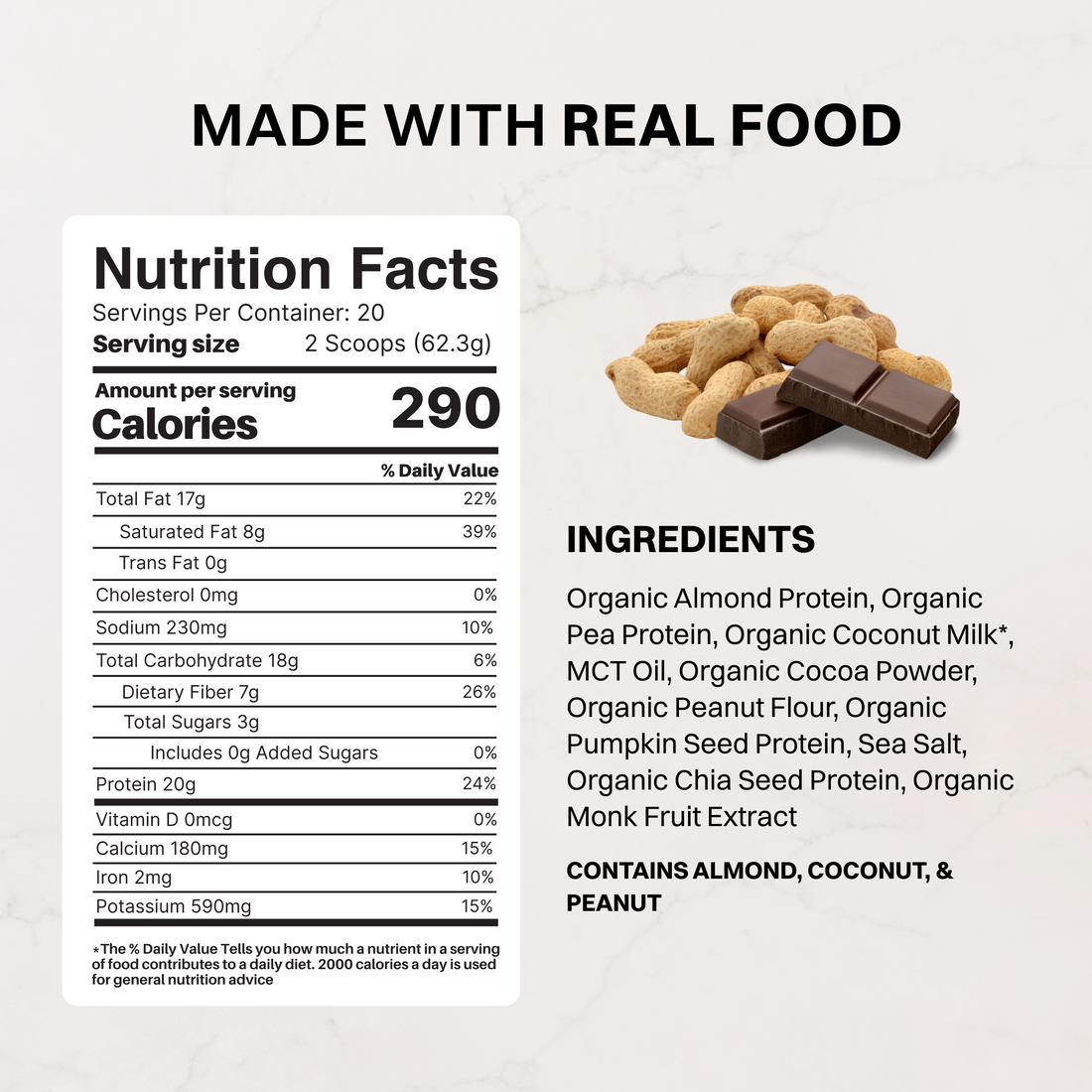 Bag of Vegan Peanut Butter Chocolate protein powder with chocolate pieces and peanuts on a marble surface.