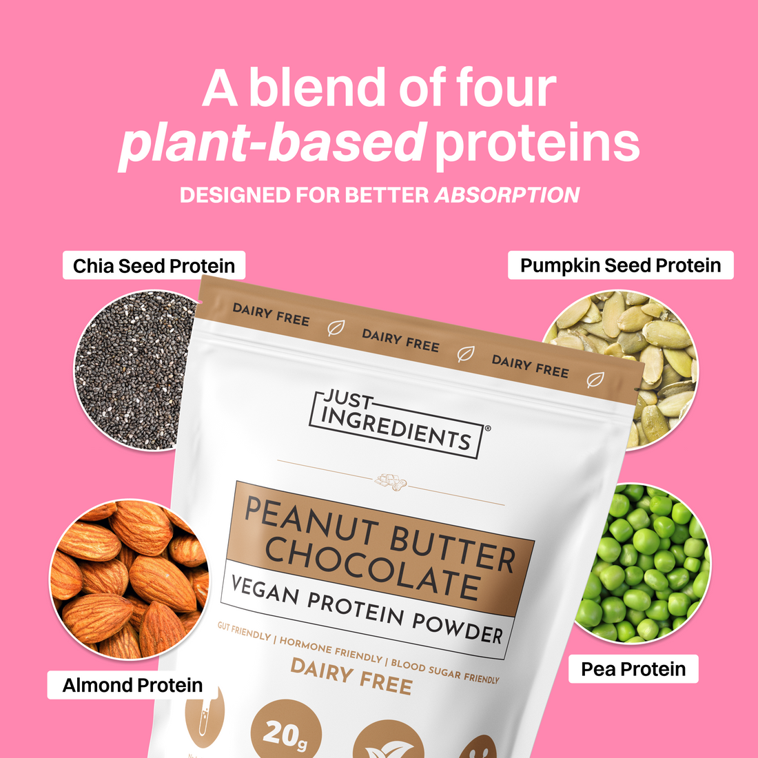 White bag of vegan peanut butter chocolate protein powder with peanuts and chocolate on a light surface.