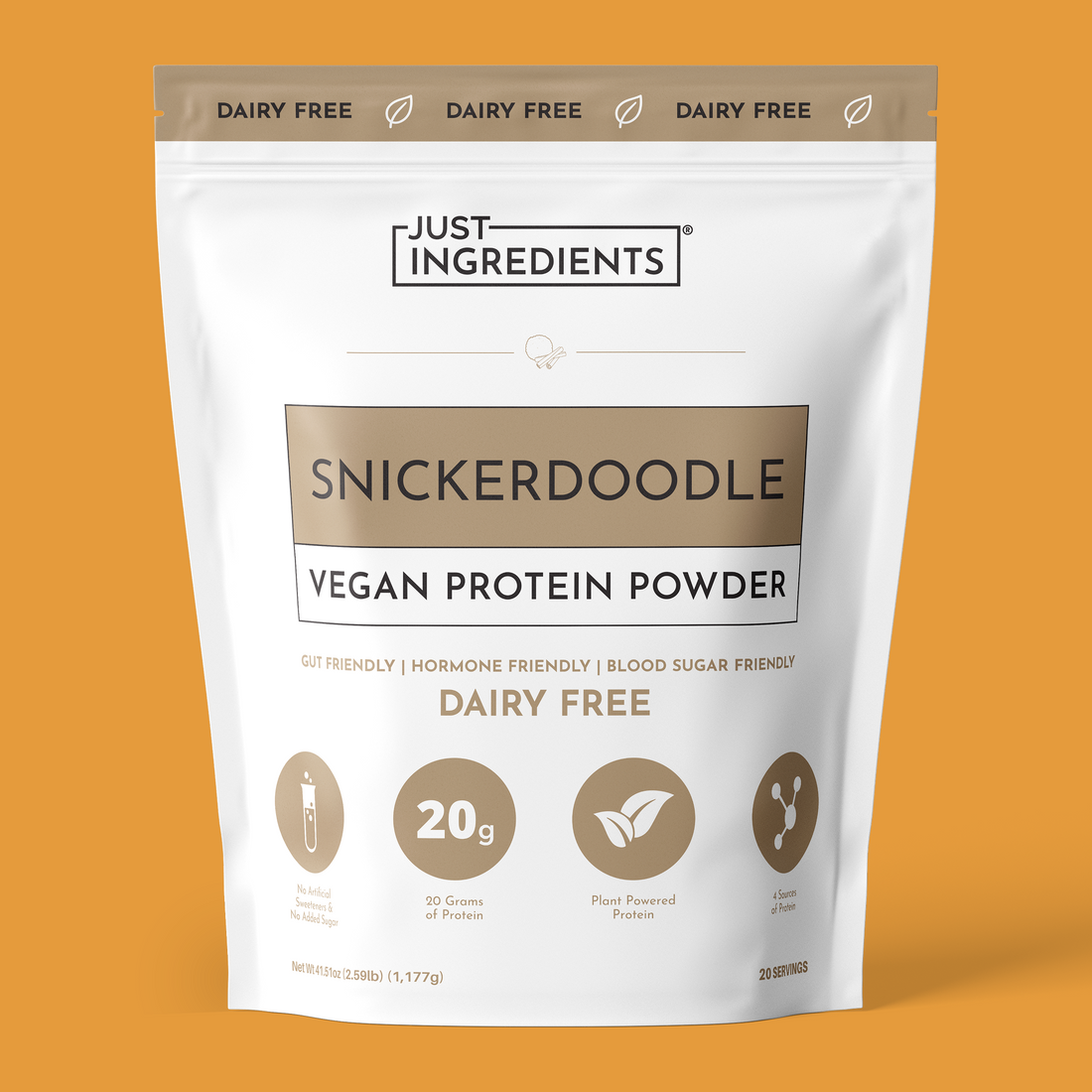 White pouch of Snickerdoodle vegan protein powder with gold accents, labelled 20g protein per serving.