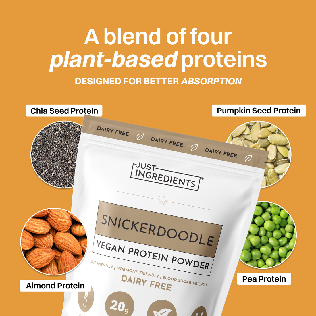 Vegan Snickerdoodle protein powder bag next to a glass of smooth protein shake.