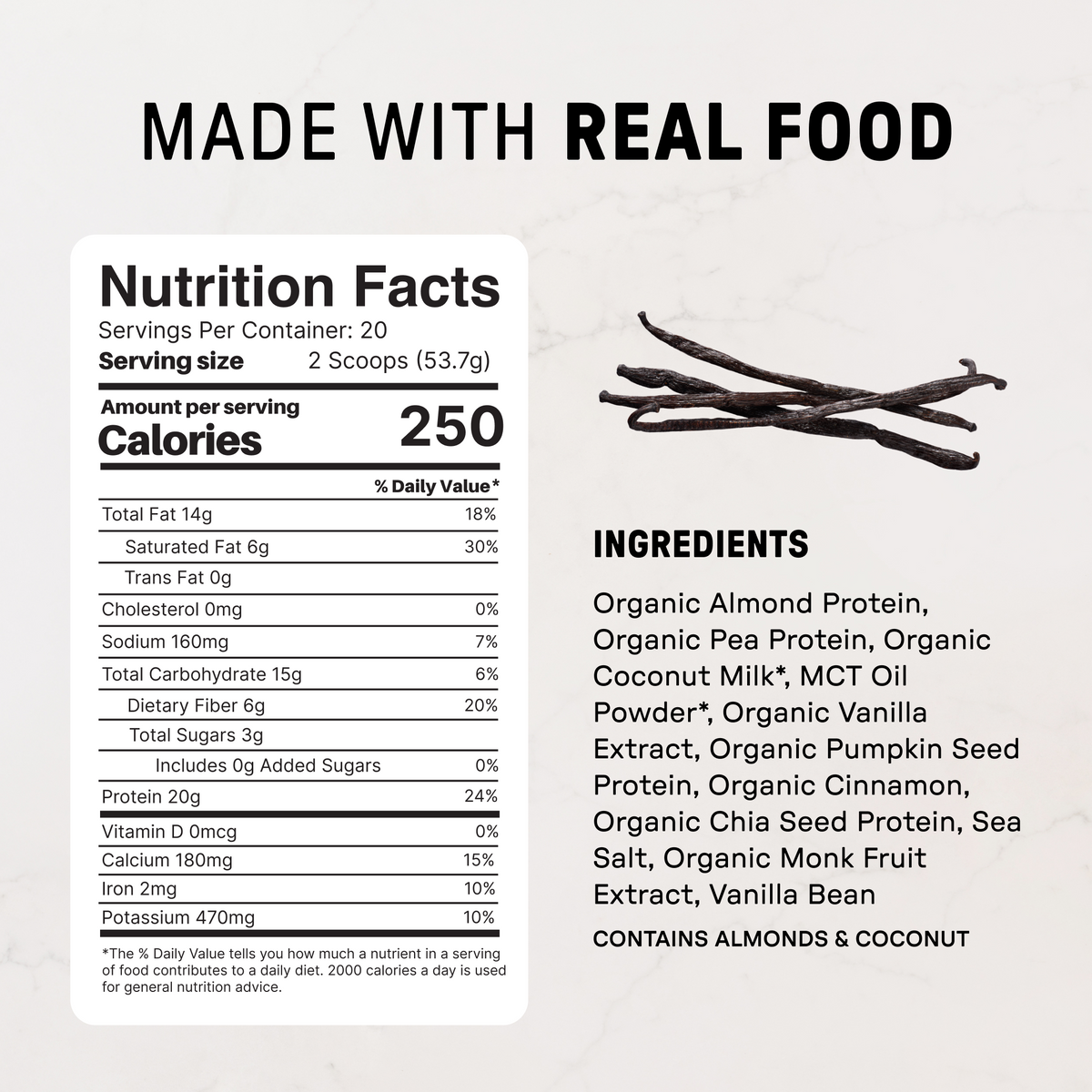 Vegan Vanilla Bean Protein Powder - Nutrition Panel