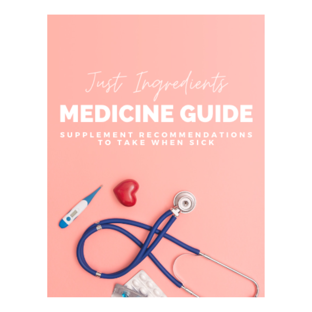 A stethoscope, thermometer, heart-shaped object, and blister pack on a pink background with text about supplements.