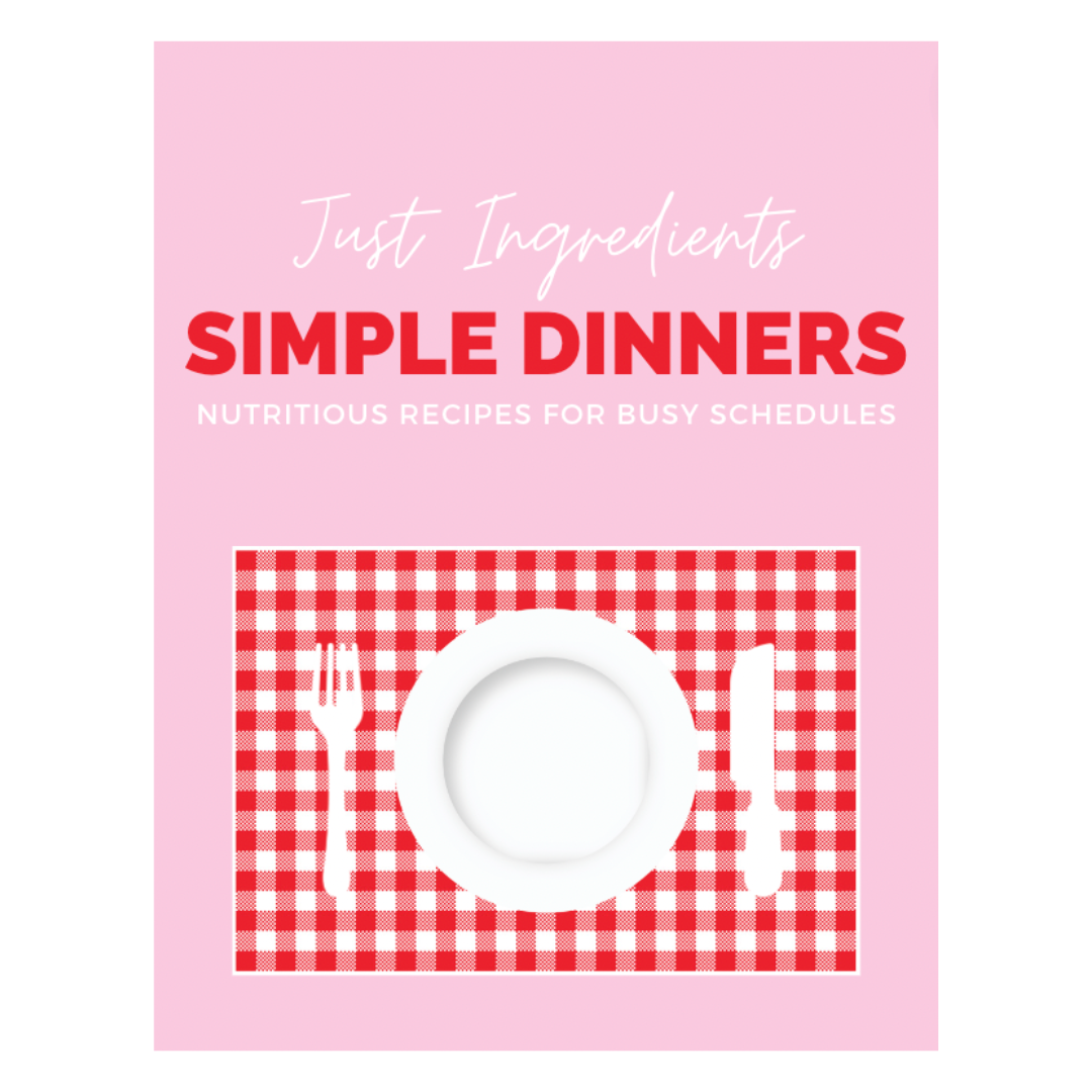 Cover design featuring a white plate on a red and white checkered tablecloth, with the title "Simple Dinners" in bold text.