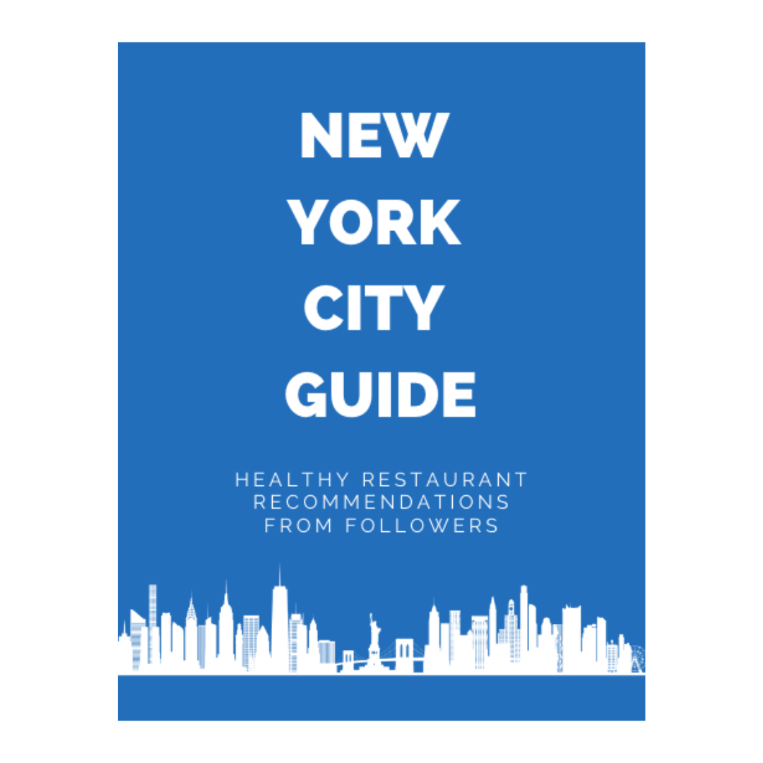 Blue background with white text displaying "NEW YORK CITY GUIDE" and a skyline silhouette at the bottom.