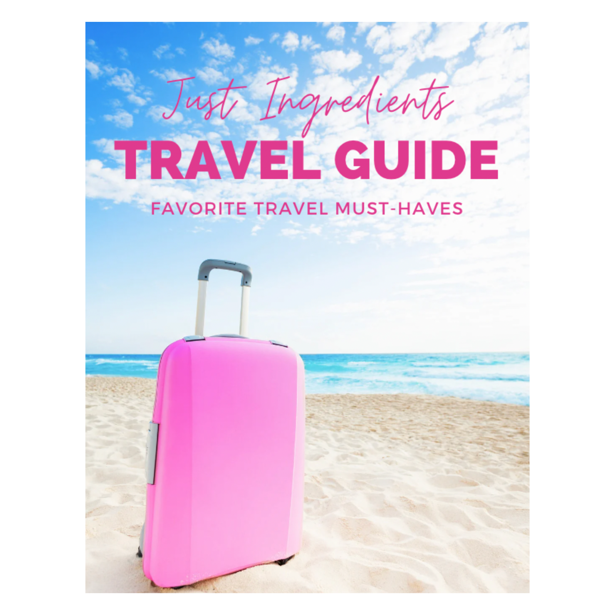 A pink suitcase with a retractable handle on a sandy beach with ocean waves and a blue sky in the background.