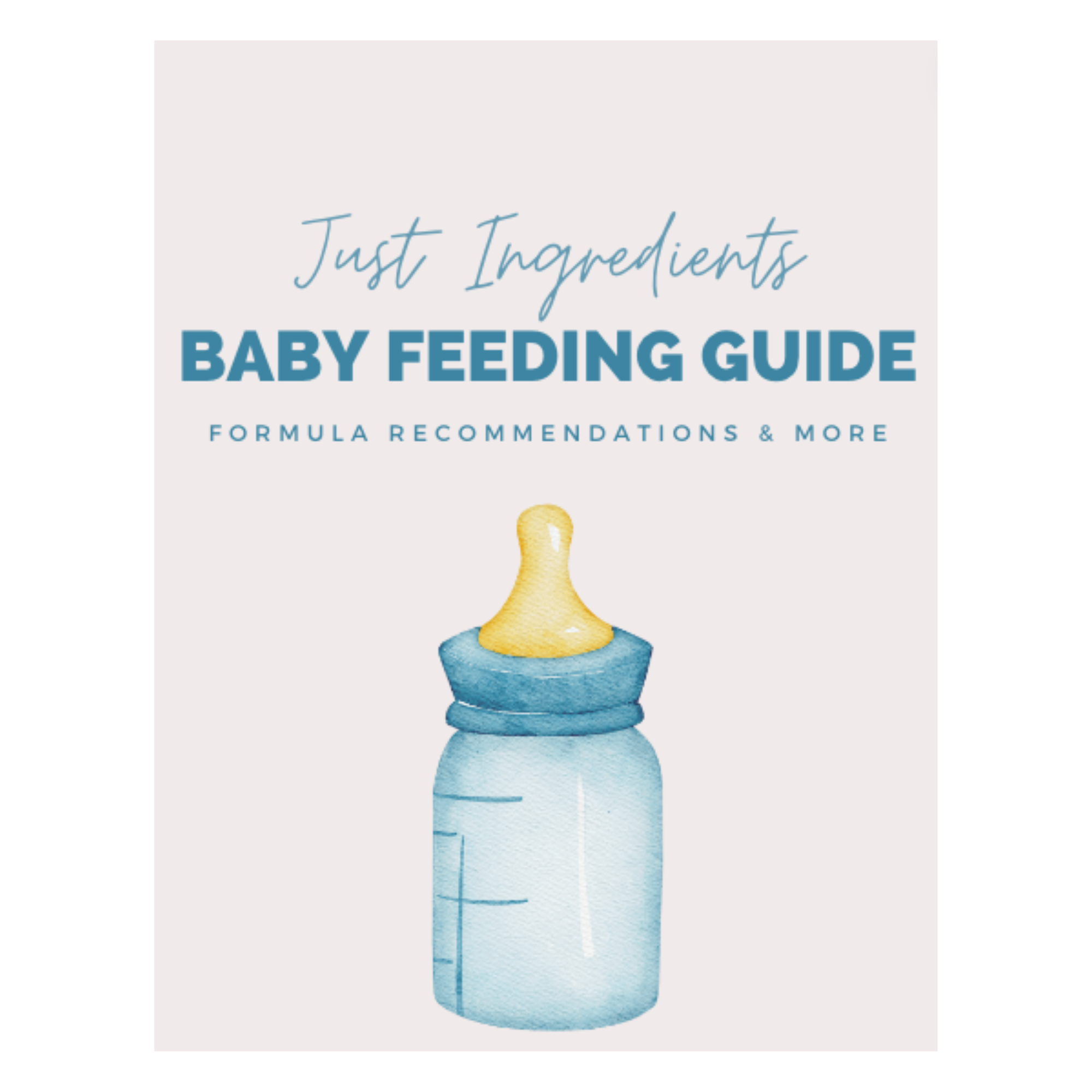 Cover design featuring a baby bottle illustration with the title "Baby Feeding Guide" and subtitle about formula recommendati