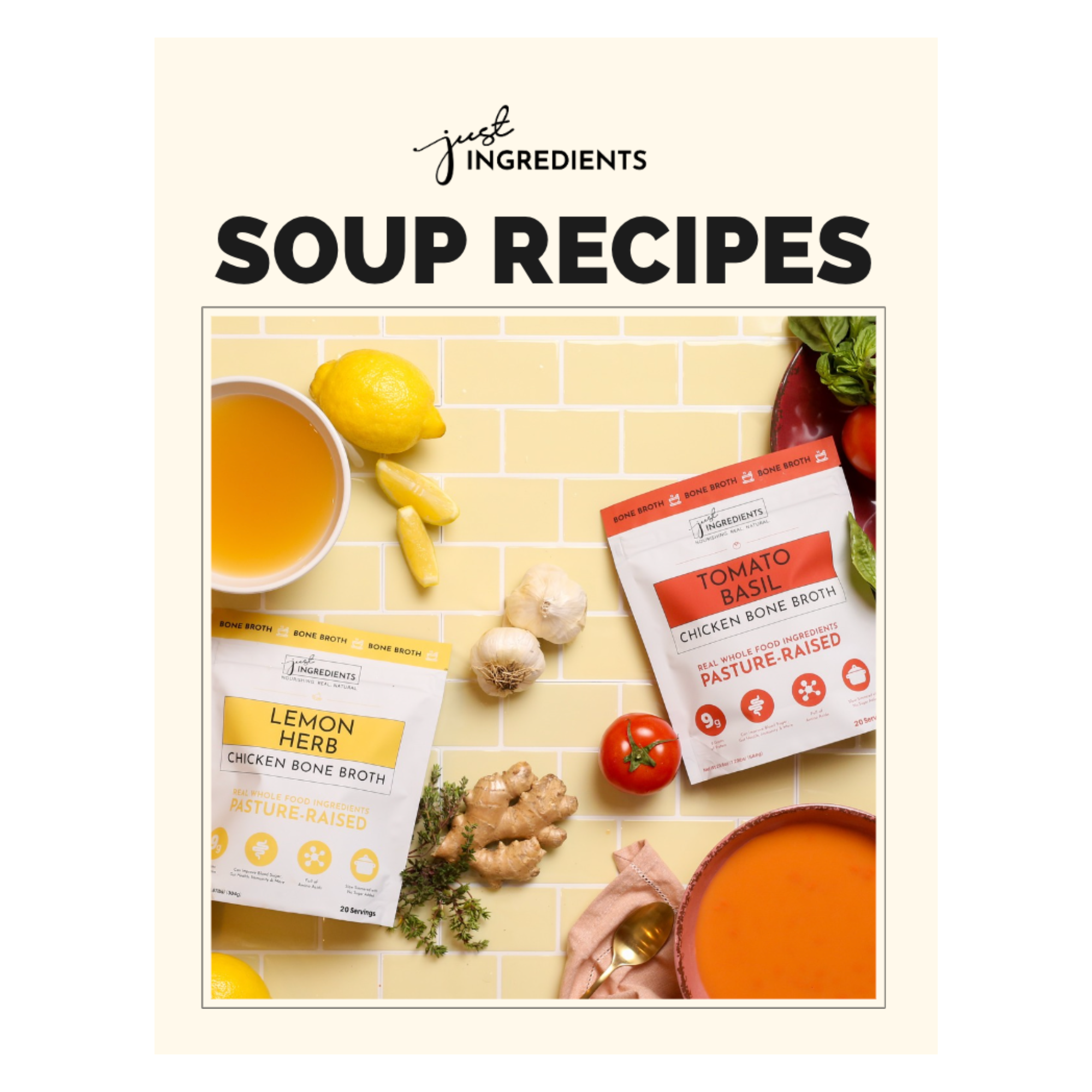 Two packets of chicken bone broth labeled "Lemon Herb" and "Tomato Basil," surrounded by fresh ingredients and broth.