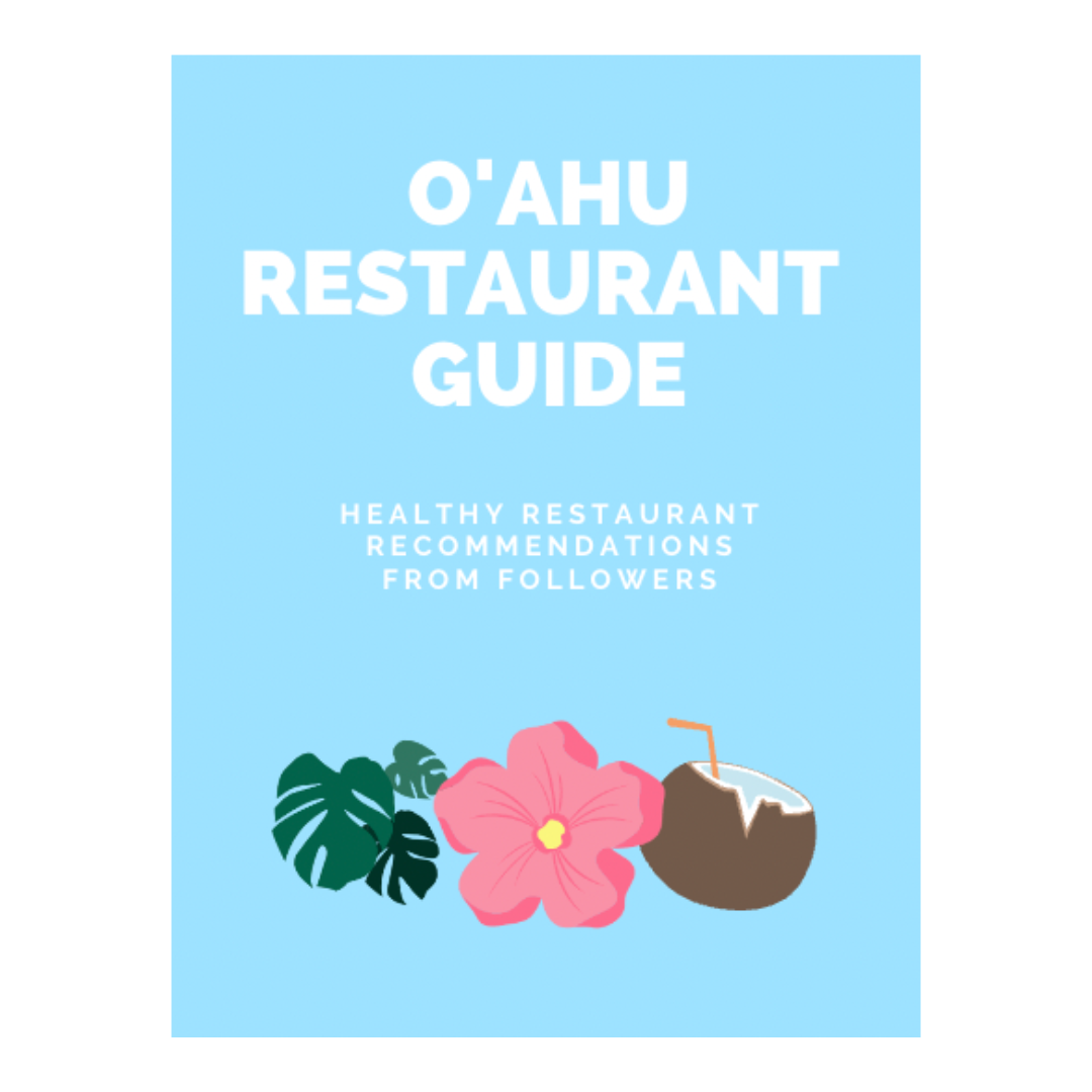 Light blue background with text "O'ahu Restaurant Guide" and illustrations of a flower, coconut, and leaves.