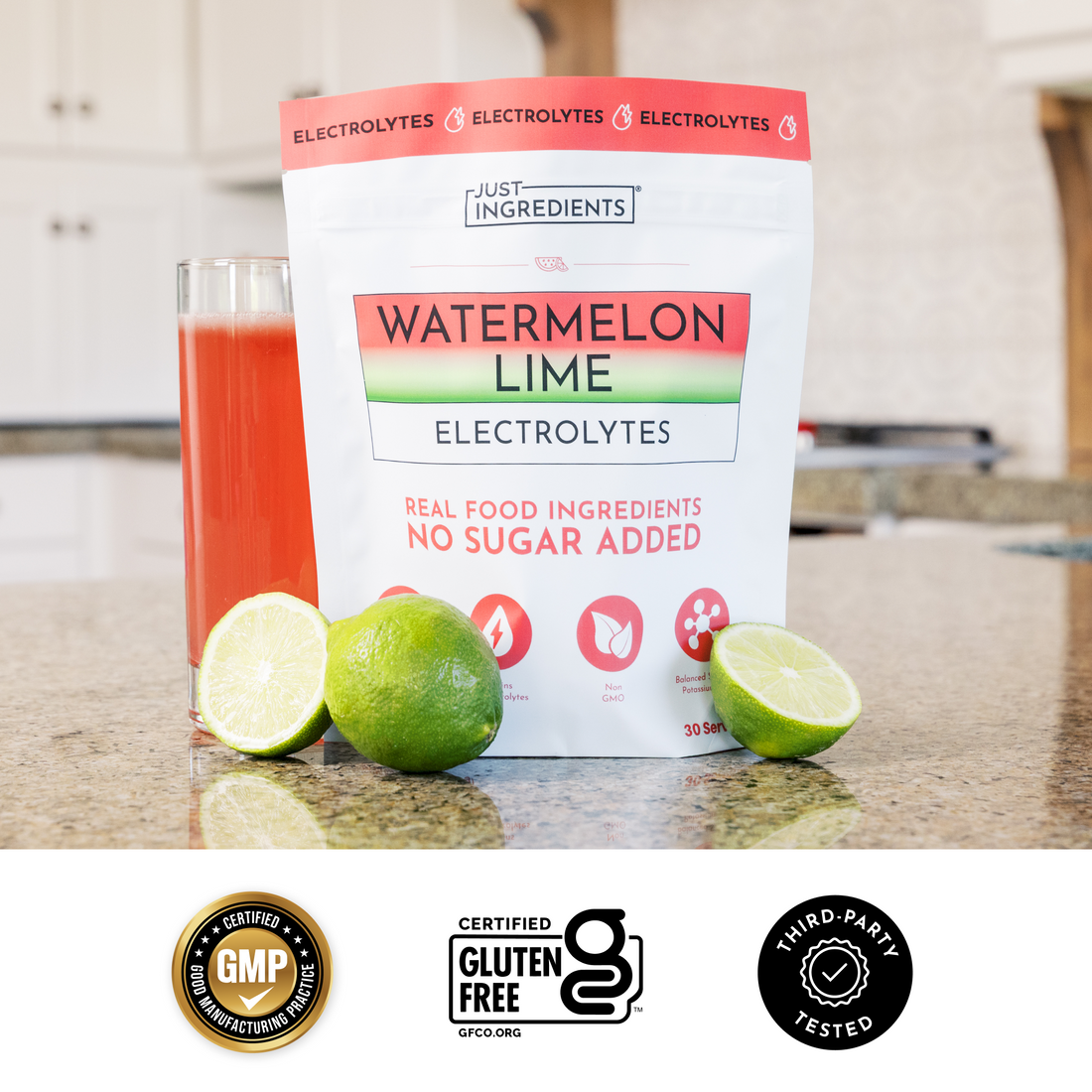 Certification icons and quality badges for Watermelon Lime Electrolytes