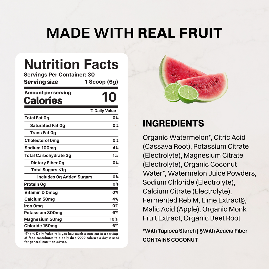 Nutrition facts and supplement facts panel for Watermelon Lime Electrolytes