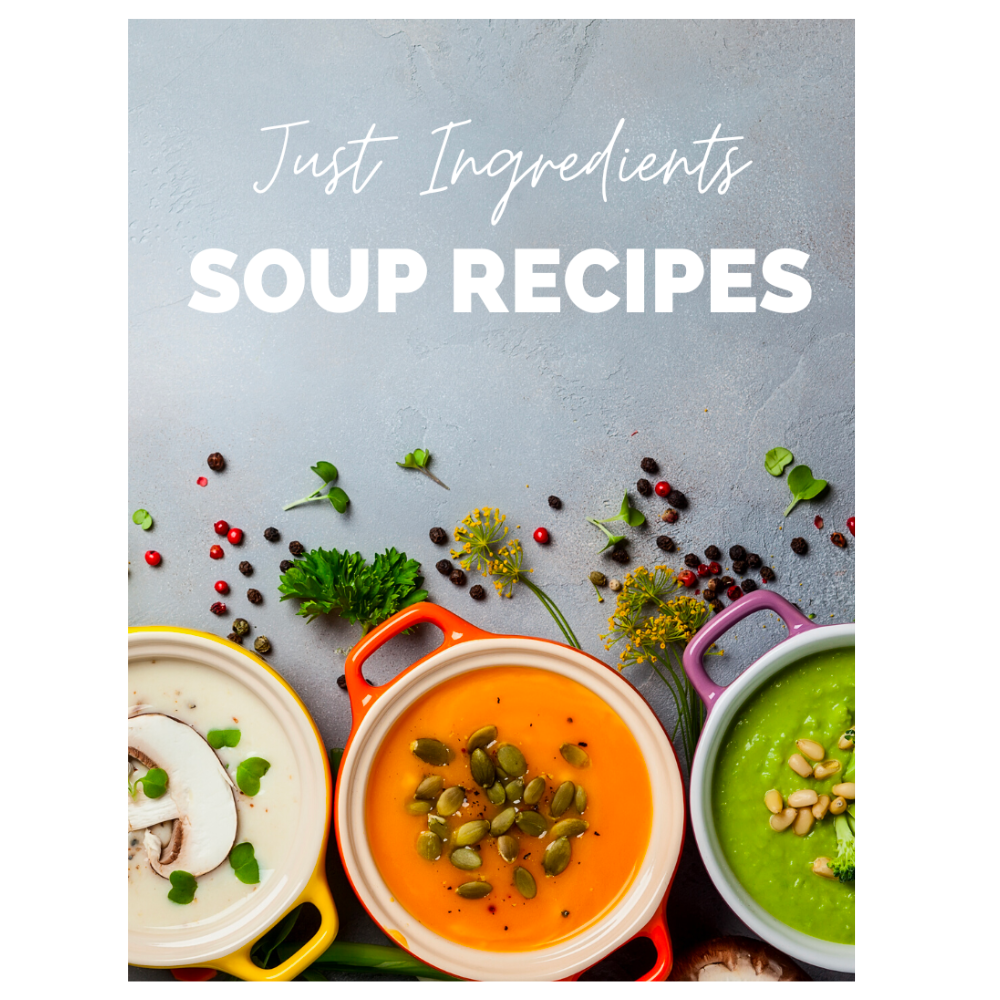 Three bowls of colorful soups on a gray surface, surrounded by herbs and spices.