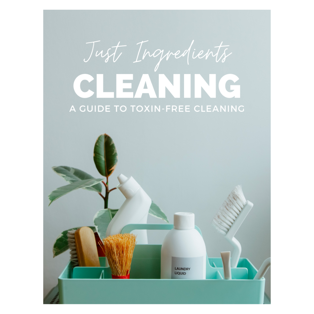 Cleaning supplies arranged in a teal caddy, including laundry liquid, brushes, and a plant in the background.